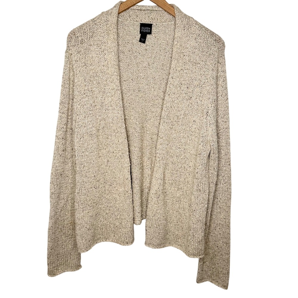 Eileen Fisher Cardigan Womens L Beige Silk Slub Knit classic layering fisherman